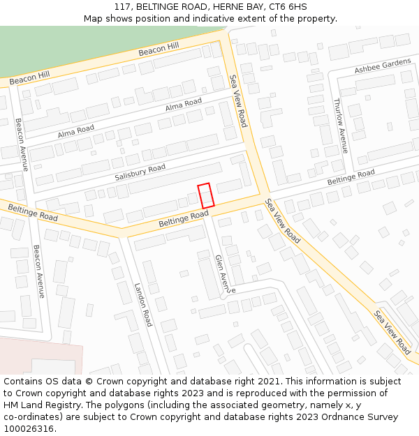 117, BELTINGE ROAD, HERNE BAY, CT6 6HS: Location map and indicative extent of plot