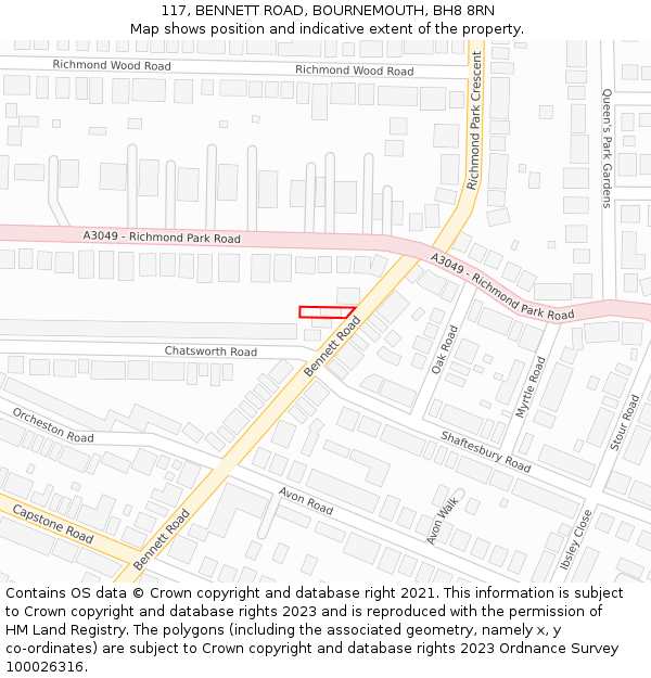 117, BENNETT ROAD, BOURNEMOUTH, BH8 8RN: Location map and indicative extent of plot