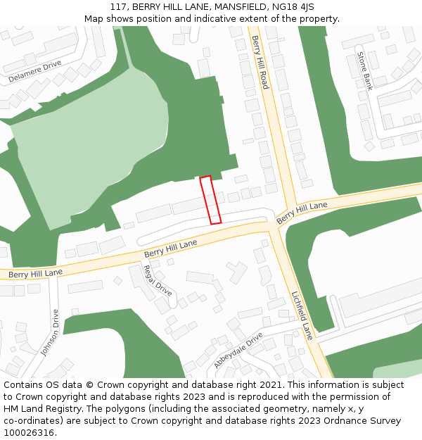 117, BERRY HILL LANE, MANSFIELD, NG18 4JS: Location map and indicative extent of plot