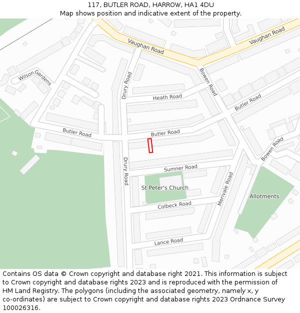 117, BUTLER ROAD, HARROW, HA1 4DU: Location map and indicative extent of plot