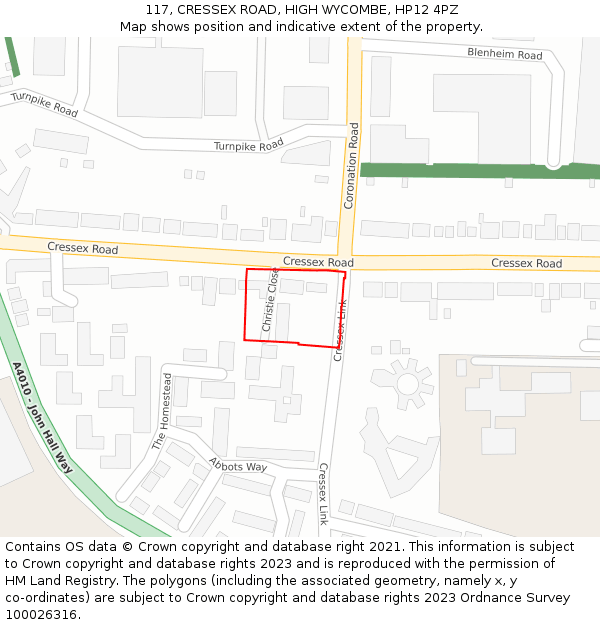 117, CRESSEX ROAD, HIGH WYCOMBE, HP12 4PZ: Location map and indicative extent of plot