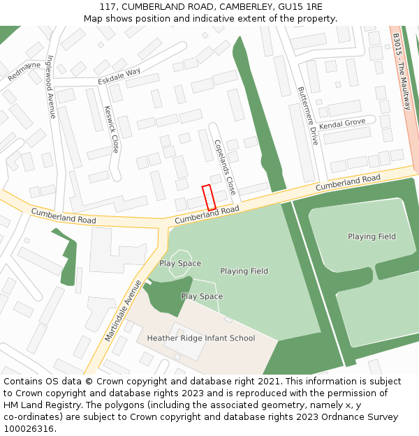 117, CUMBERLAND ROAD, CAMBERLEY, GU15 1RE: Location map and indicative extent of plot