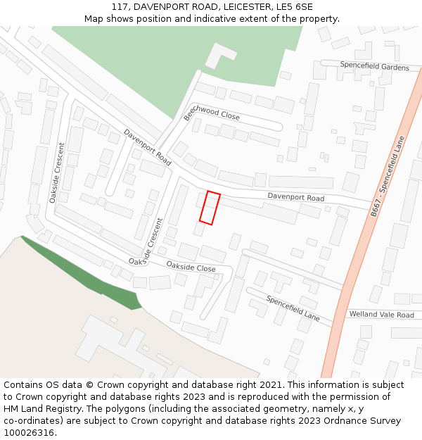 117, DAVENPORT ROAD, LEICESTER, LE5 6SE: Location map and indicative extent of plot