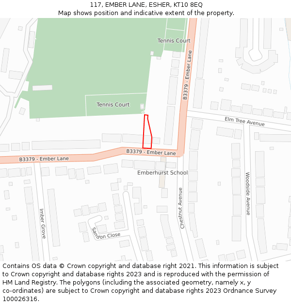 117, EMBER LANE, ESHER, KT10 8EQ: Location map and indicative extent of plot