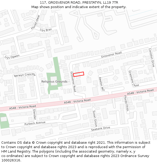 117, GROSVENOR ROAD, PRESTATYN, LL19 7TR: Location map and indicative extent of plot