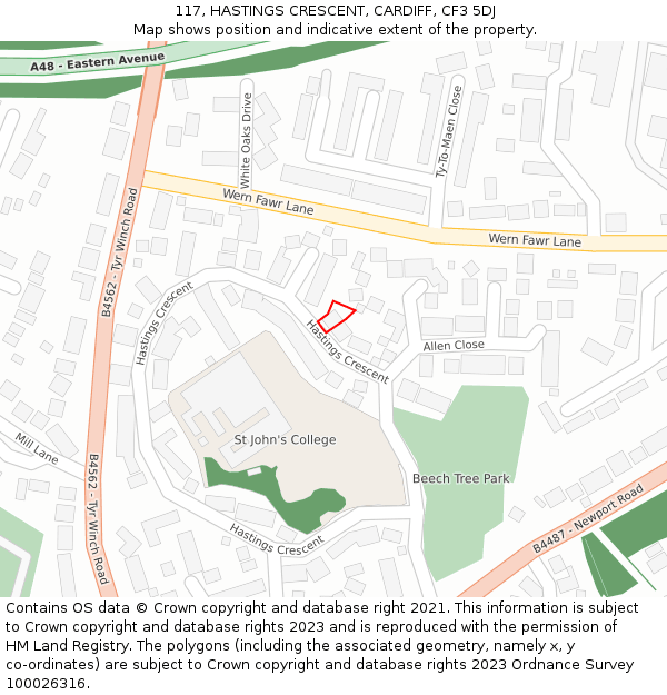 117, HASTINGS CRESCENT, CARDIFF, CF3 5DJ: Location map and indicative extent of plot
