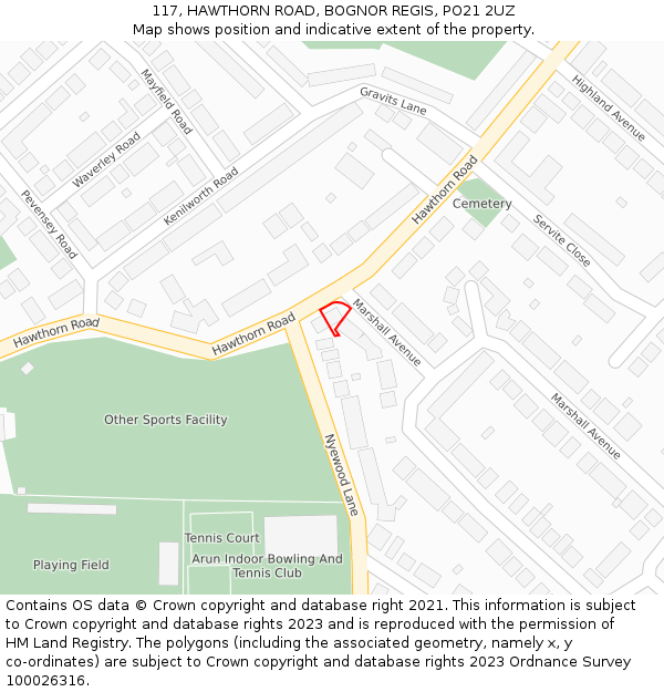 117, HAWTHORN ROAD, BOGNOR REGIS, PO21 2UZ: Location map and indicative extent of plot