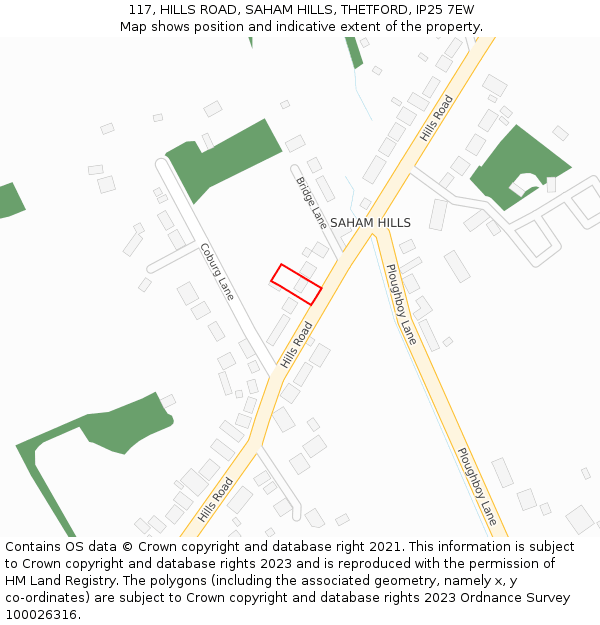117, HILLS ROAD, SAHAM HILLS, THETFORD, IP25 7EW: Location map and indicative extent of plot