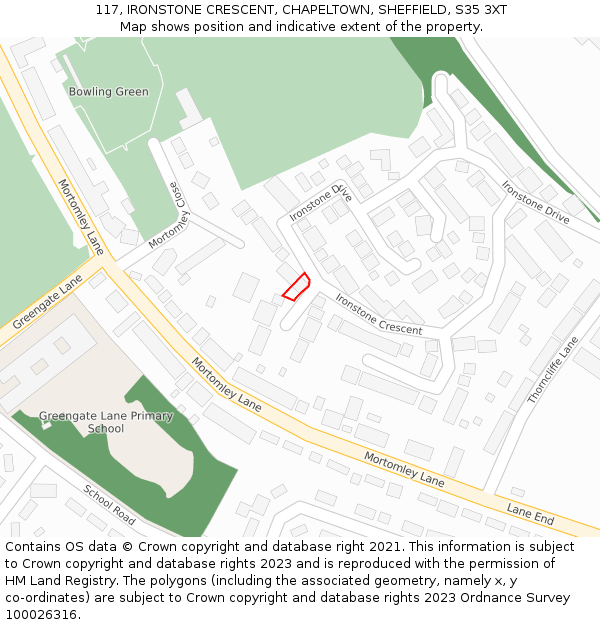 117, IRONSTONE CRESCENT, CHAPELTOWN, SHEFFIELD, S35 3XT: Location map and indicative extent of plot