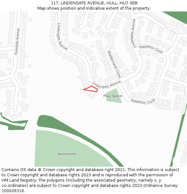 117, LINDENGATE AVENUE, HULL, HU7 0EB: Location map and indicative extent of plot