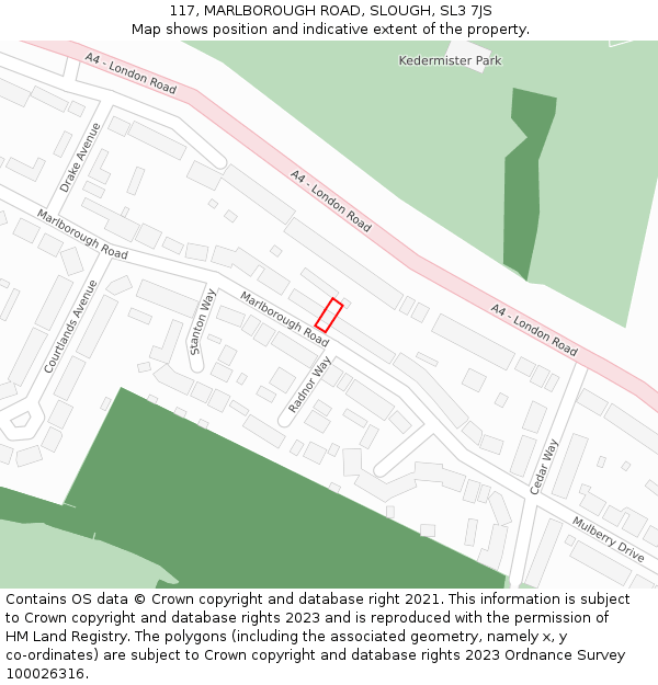 117, MARLBOROUGH ROAD, SLOUGH, SL3 7JS: Location map and indicative extent of plot
