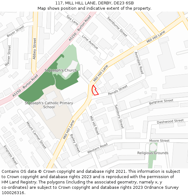 117, MILL HILL LANE, DERBY, DE23 6SB: Location map and indicative extent of plot