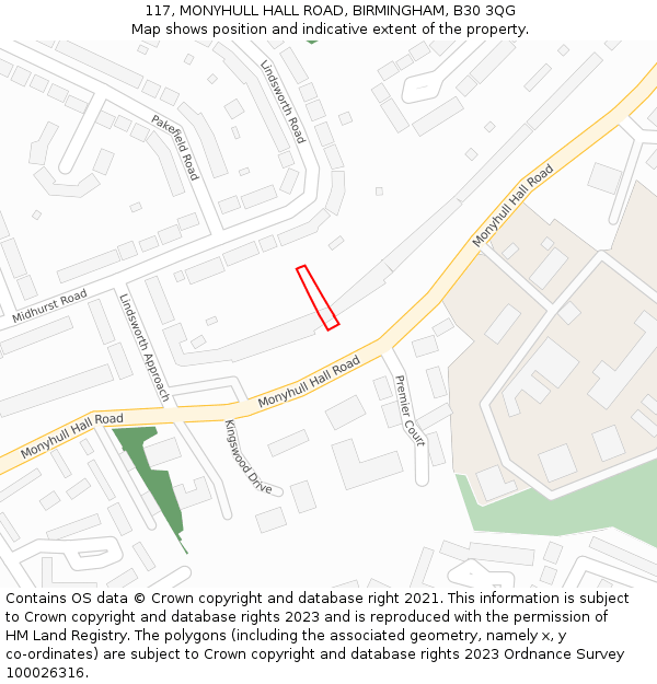 117, MONYHULL HALL ROAD, BIRMINGHAM, B30 3QG: Location map and indicative extent of plot
