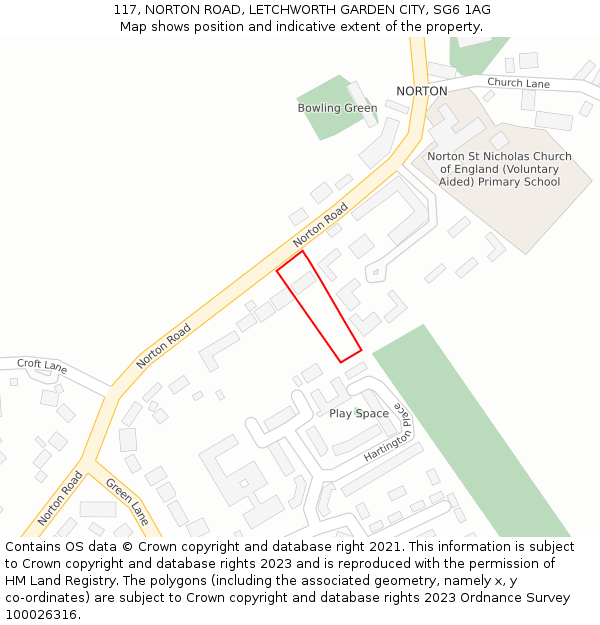 117, NORTON ROAD, LETCHWORTH GARDEN CITY, SG6 1AG: Location map and indicative extent of plot