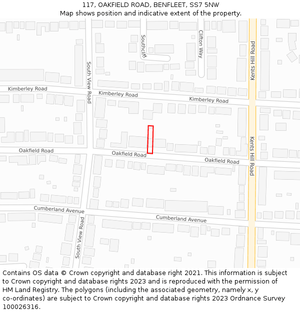 117, OAKFIELD ROAD, BENFLEET, SS7 5NW: Location map and indicative extent of plot