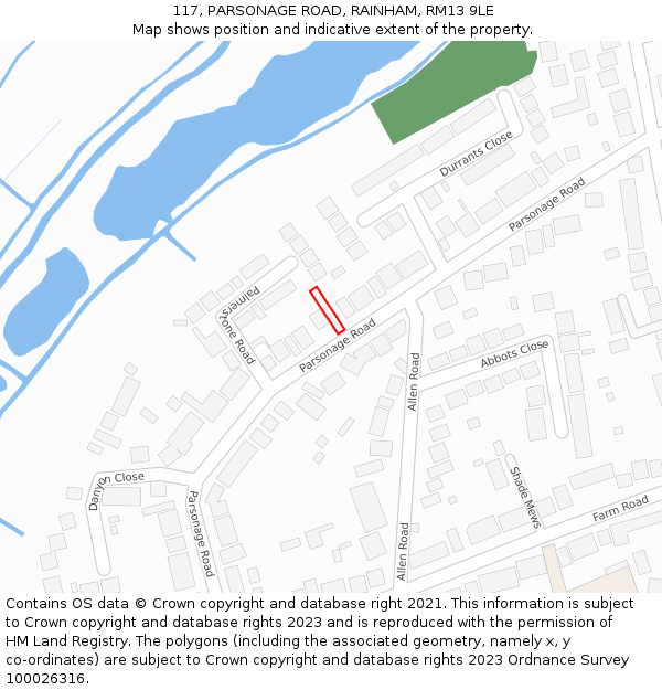 117, PARSONAGE ROAD, RAINHAM, RM13 9LE: Location map and indicative extent of plot