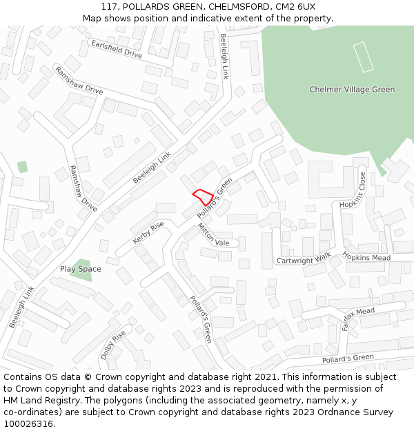 117, POLLARDS GREEN, CHELMSFORD, CM2 6UX: Location map and indicative extent of plot