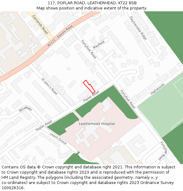 117, POPLAR ROAD, LEATHERHEAD, KT22 8SB: Location map and indicative extent of plot