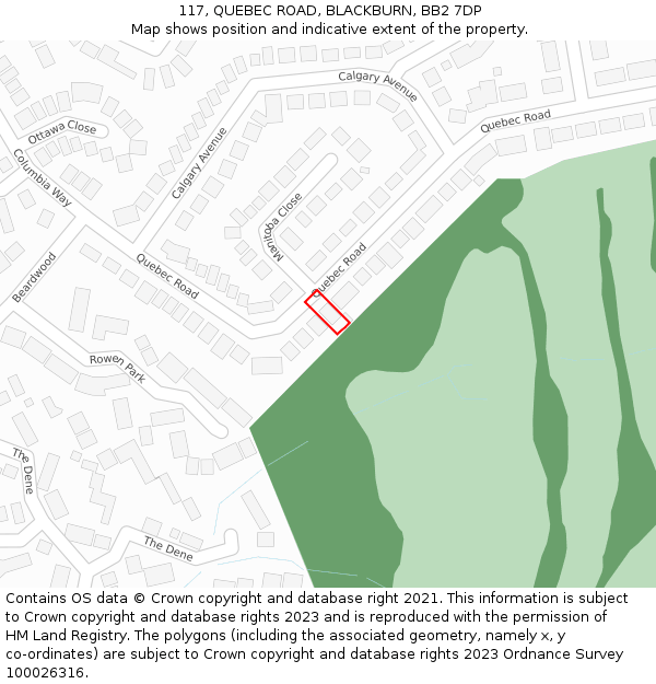 117, QUEBEC ROAD, BLACKBURN, BB2 7DP: Location map and indicative extent of plot