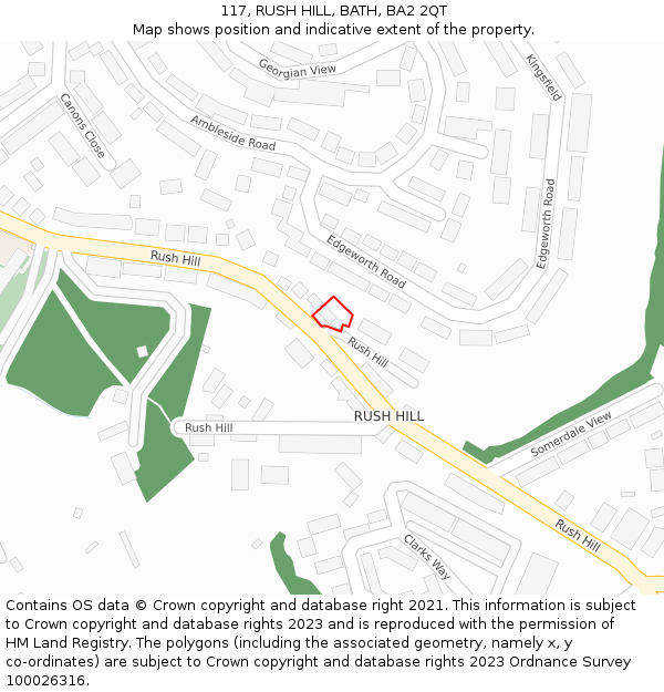 117, RUSH HILL, BATH, BA2 2QT: Location map and indicative extent of plot