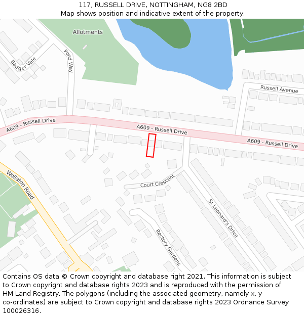 117, RUSSELL DRIVE, NOTTINGHAM, NG8 2BD: Location map and indicative extent of plot