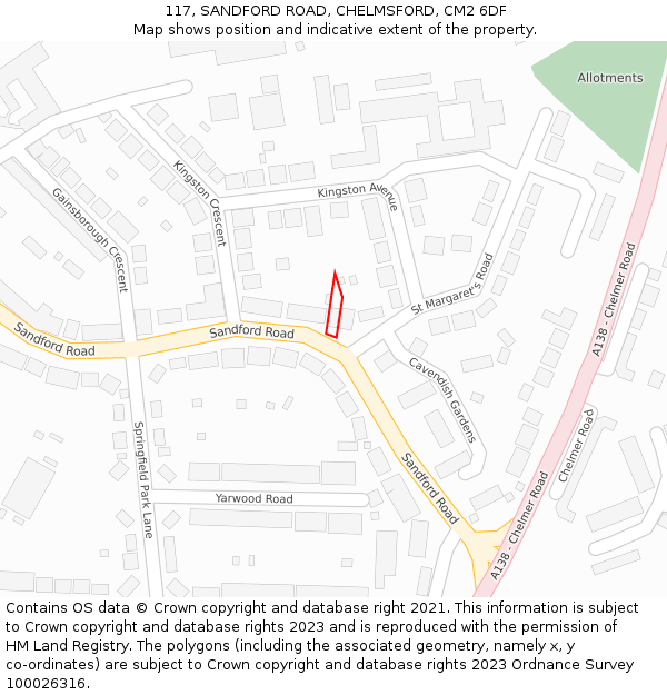 117, SANDFORD ROAD, CHELMSFORD, CM2 6DF: Location map and indicative extent of plot