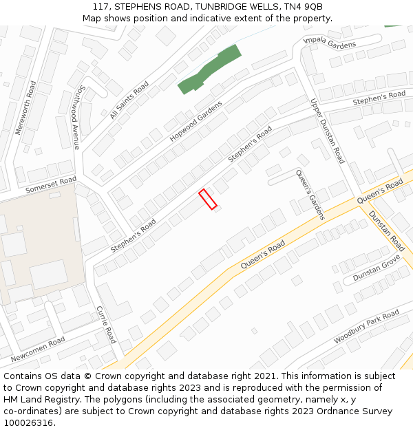 117, STEPHENS ROAD, TUNBRIDGE WELLS, TN4 9QB: Location map and indicative extent of plot