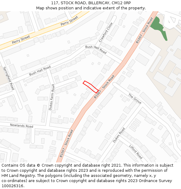 117, STOCK ROAD, BILLERICAY, CM12 0RP: Location map and indicative extent of plot