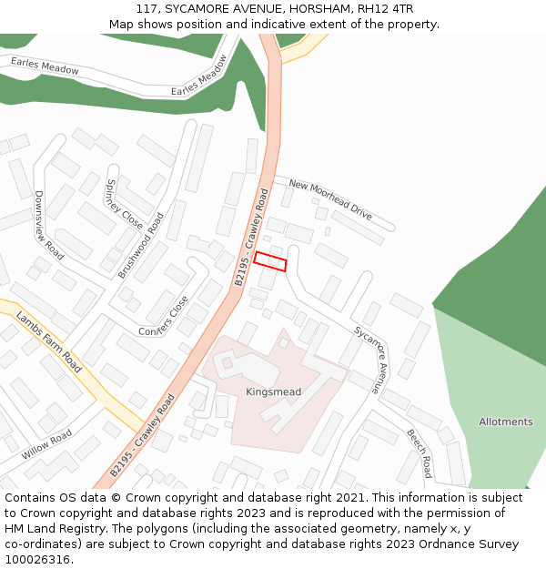 117, SYCAMORE AVENUE, HORSHAM, RH12 4TR: Location map and indicative extent of plot