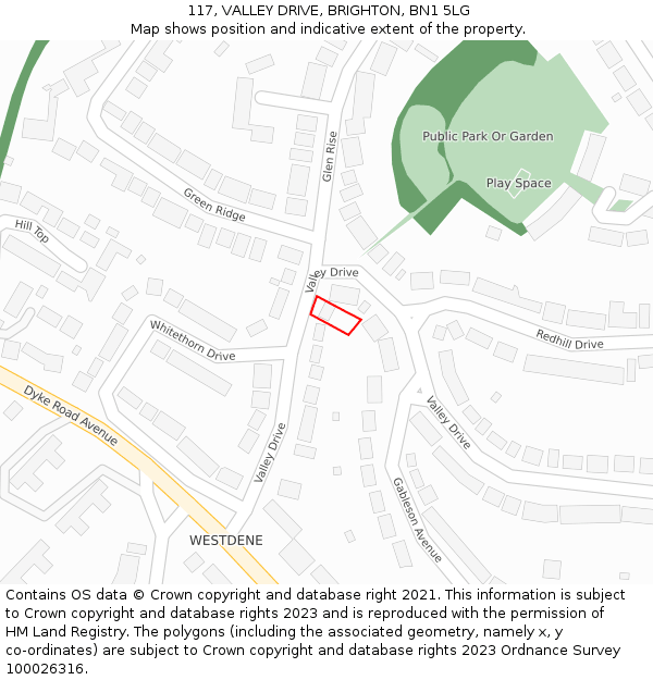 117, VALLEY DRIVE, BRIGHTON, BN1 5LG: Location map and indicative extent of plot