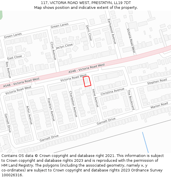 117, VICTORIA ROAD WEST, PRESTATYN, LL19 7DT: Location map and indicative extent of plot