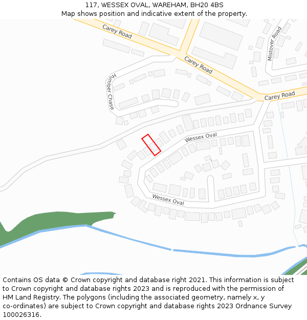 117, WESSEX OVAL, WAREHAM, BH20 4BS: Location map and indicative extent of plot