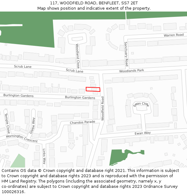 117, WOODFIELD ROAD, BENFLEET, SS7 2ET: Location map and indicative extent of plot