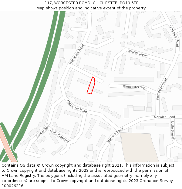 117, WORCESTER ROAD, CHICHESTER, PO19 5EE: Location map and indicative extent of plot