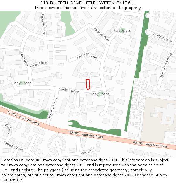 118, BLUEBELL DRIVE, LITTLEHAMPTON, BN17 6UU: Location map and indicative extent of plot