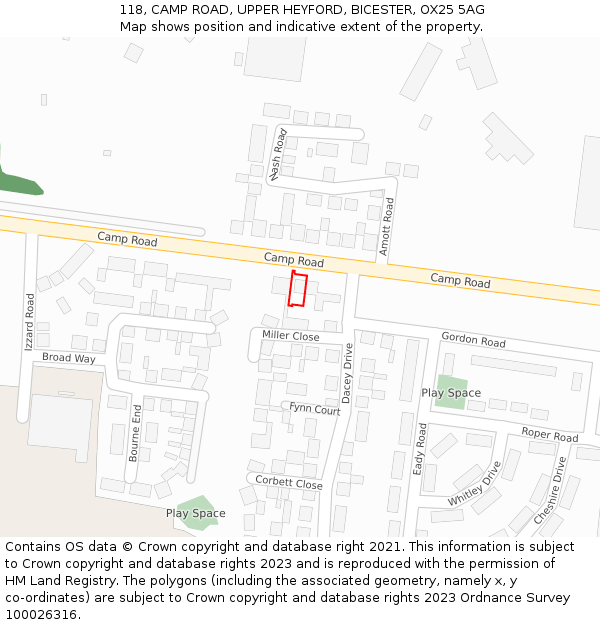 118, CAMP ROAD, UPPER HEYFORD, BICESTER, OX25 5AG: Location map and indicative extent of plot