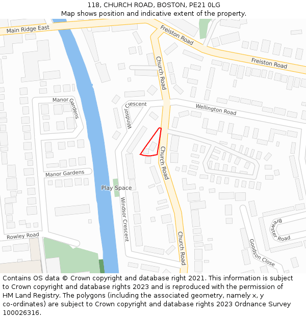 118, CHURCH ROAD, BOSTON, PE21 0LG: Location map and indicative extent of plot