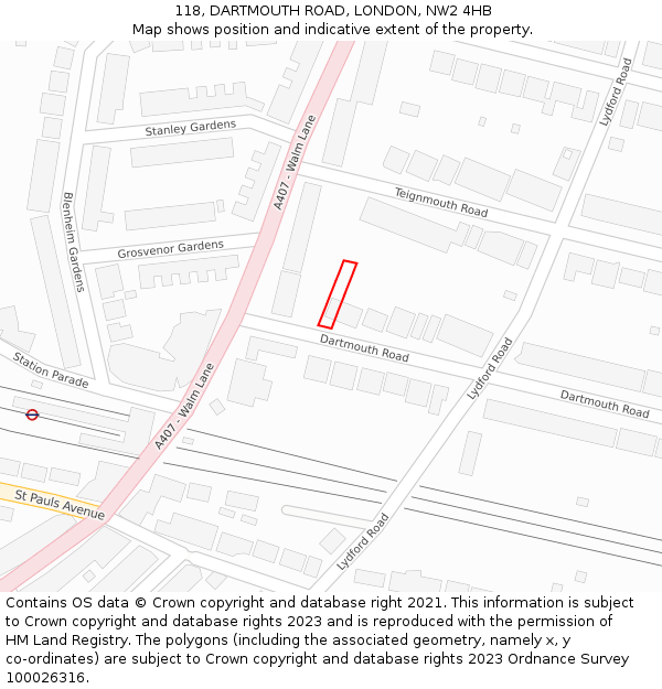 118, DARTMOUTH ROAD, LONDON, NW2 4HB: Location map and indicative extent of plot