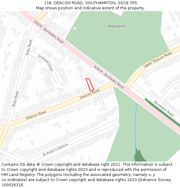 118, DEACON ROAD, SOUTHAMPTON, SO19 7PS: Location map and indicative extent of plot