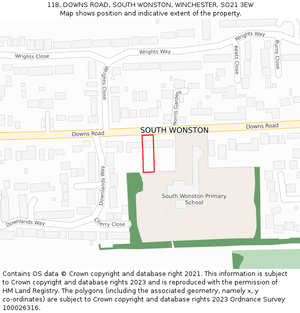 118, DOWNS ROAD, SOUTH WONSTON, WINCHESTER, SO21 3EW: Location map and indicative extent of plot