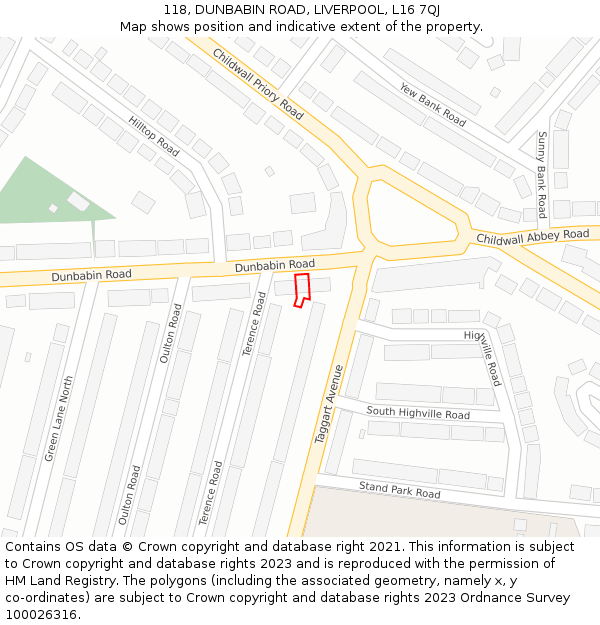 118, DUNBABIN ROAD, LIVERPOOL, L16 7QJ: Location map and indicative extent of plot