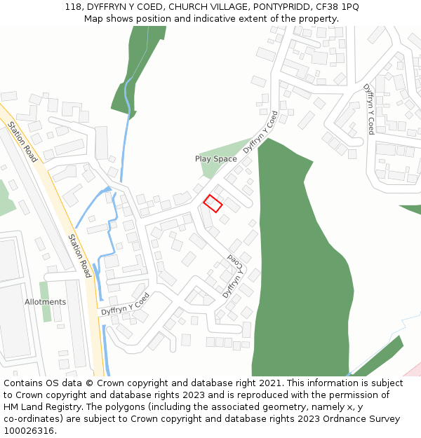 118, DYFFRYN Y COED, CHURCH VILLAGE, PONTYPRIDD, CF38 1PQ: Location map and indicative extent of plot