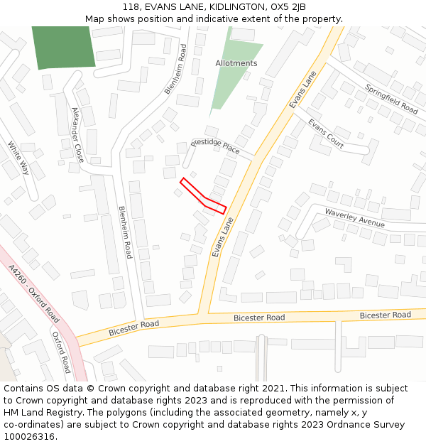 118, EVANS LANE, KIDLINGTON, OX5 2JB: Location map and indicative extent of plot