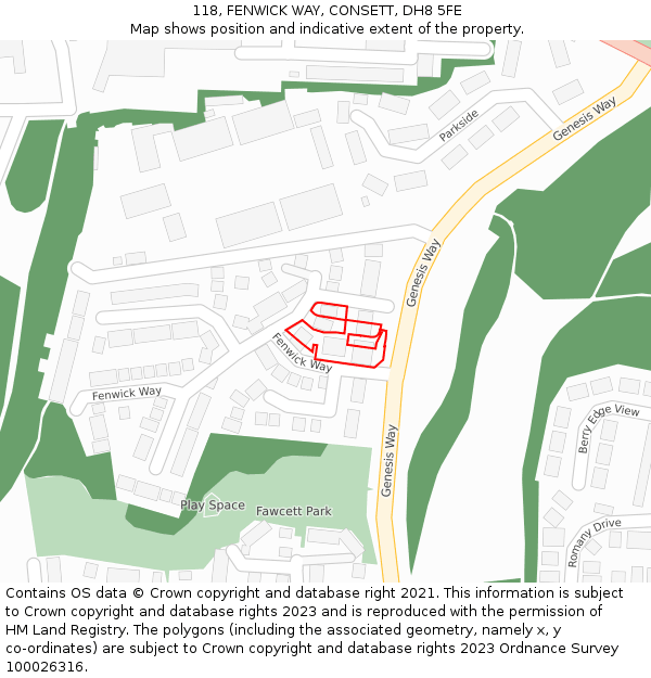 118, FENWICK WAY, CONSETT, DH8 5FE: Location map and indicative extent of plot