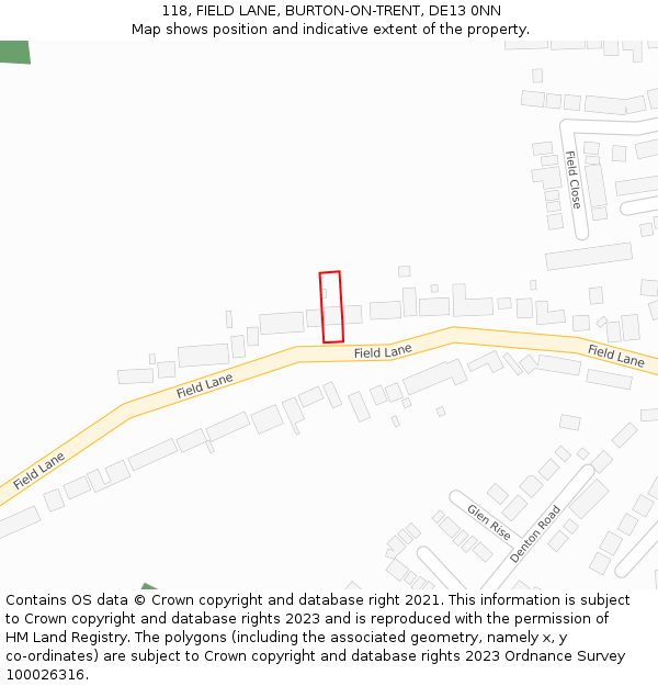 118, FIELD LANE, BURTON-ON-TRENT, DE13 0NN: Location map and indicative extent of plot