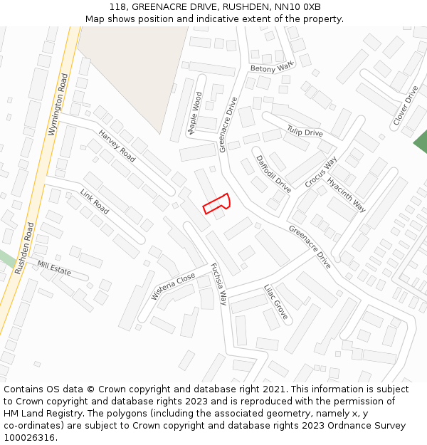 118, GREENACRE DRIVE, RUSHDEN, NN10 0XB: Location map and indicative extent of plot