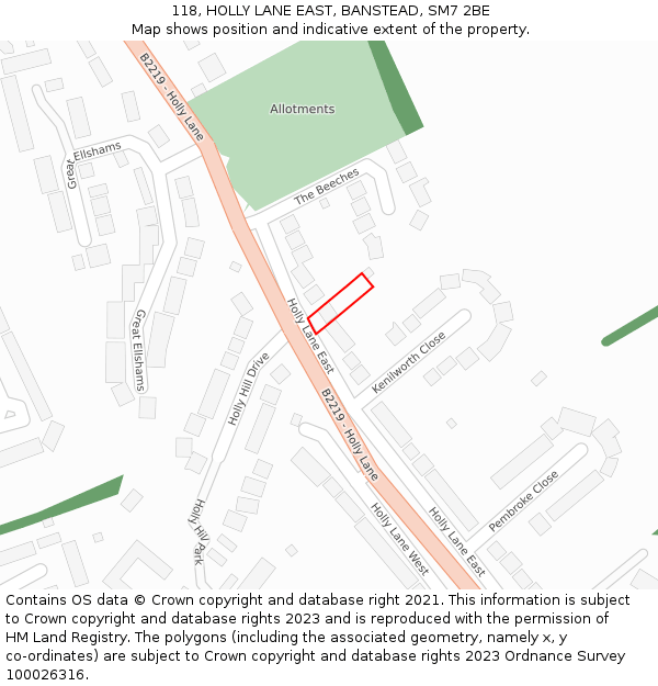 118, HOLLY LANE EAST, BANSTEAD, SM7 2BE: Location map and indicative extent of plot