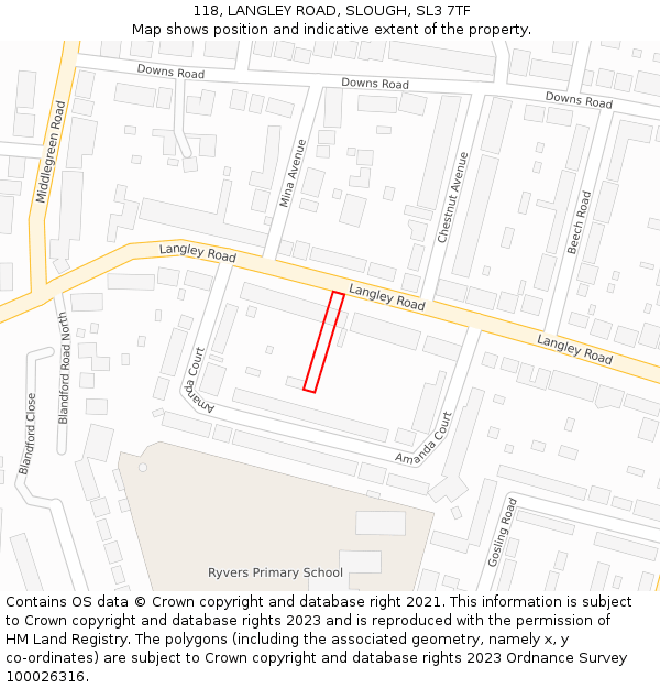 118, LANGLEY ROAD, SLOUGH, SL3 7TF: Location map and indicative extent of plot