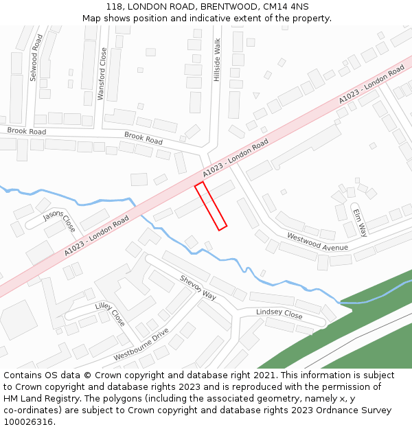 118, LONDON ROAD, BRENTWOOD, CM14 4NS: Location map and indicative extent of plot