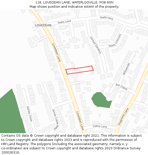 118, LOVEDEAN LANE, WATERLOOVILLE, PO8 9SN: Location map and indicative extent of plot